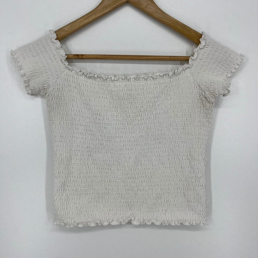 Hollister Womens White Smocked Ruffle Trim Crop Top Square Neck Medium